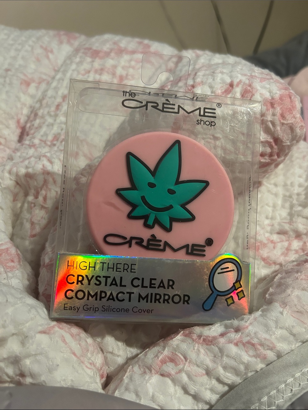 High There Pink Compact Mirror with Teal Leaf Design